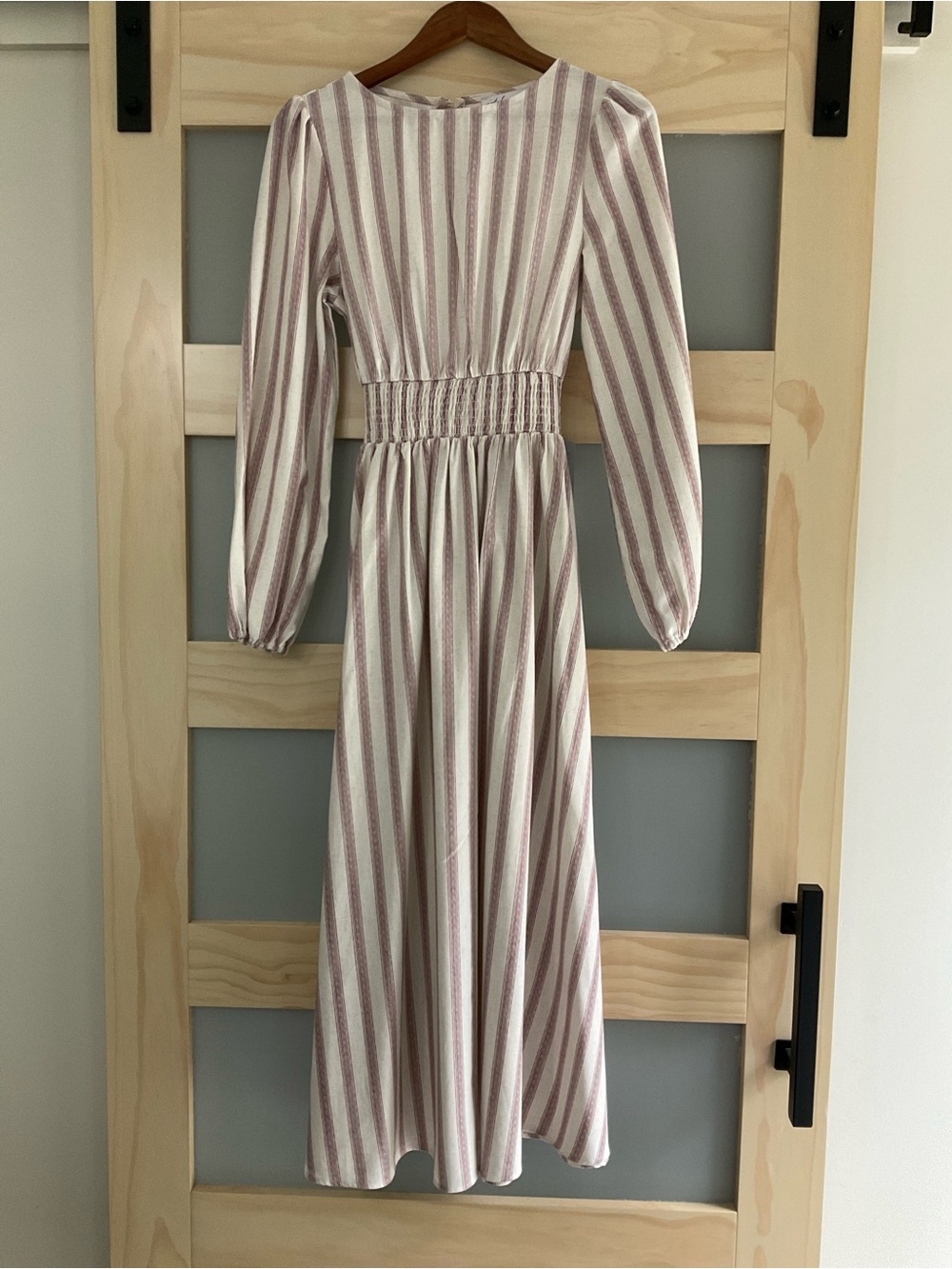 Petal & Pup Cream Burgundy Striped Linen Blend Midi Dress Smocked Waist S